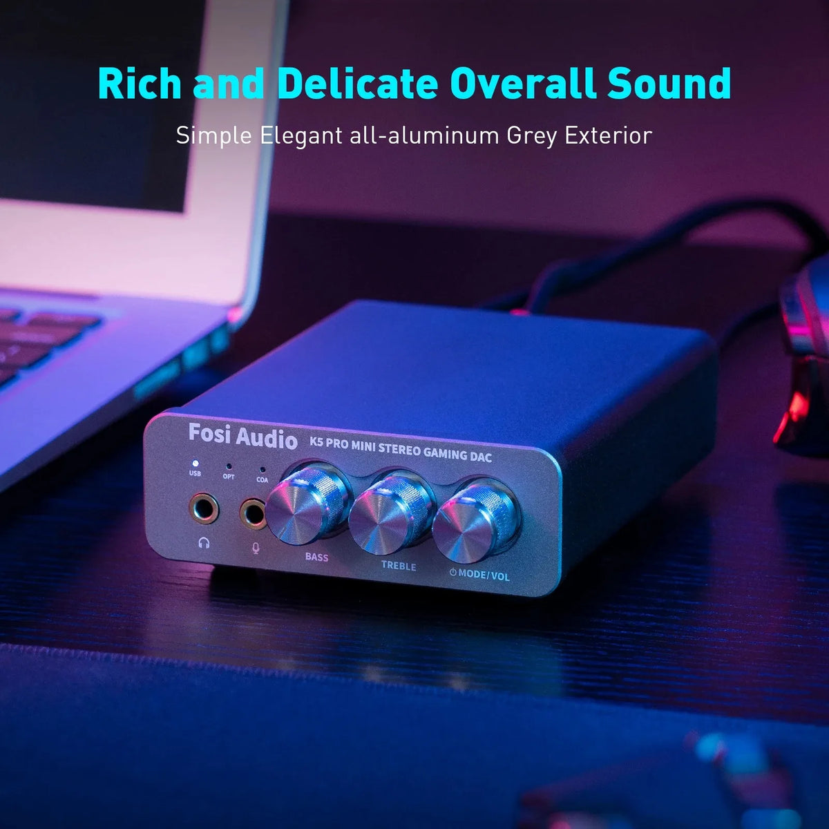 Fosi Audio K5 PRO Mini Stereo Gaming USB C Audio Headphone Amplifier DAC AMP with Mic for PS5 Desktop Powered Active Speakers