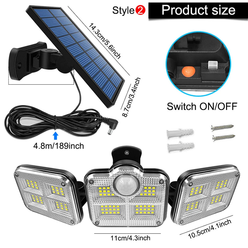 20W Solar LED Garden Light IP65 Waterproof Adjustable Head 3 Modes 122/182/333 LED