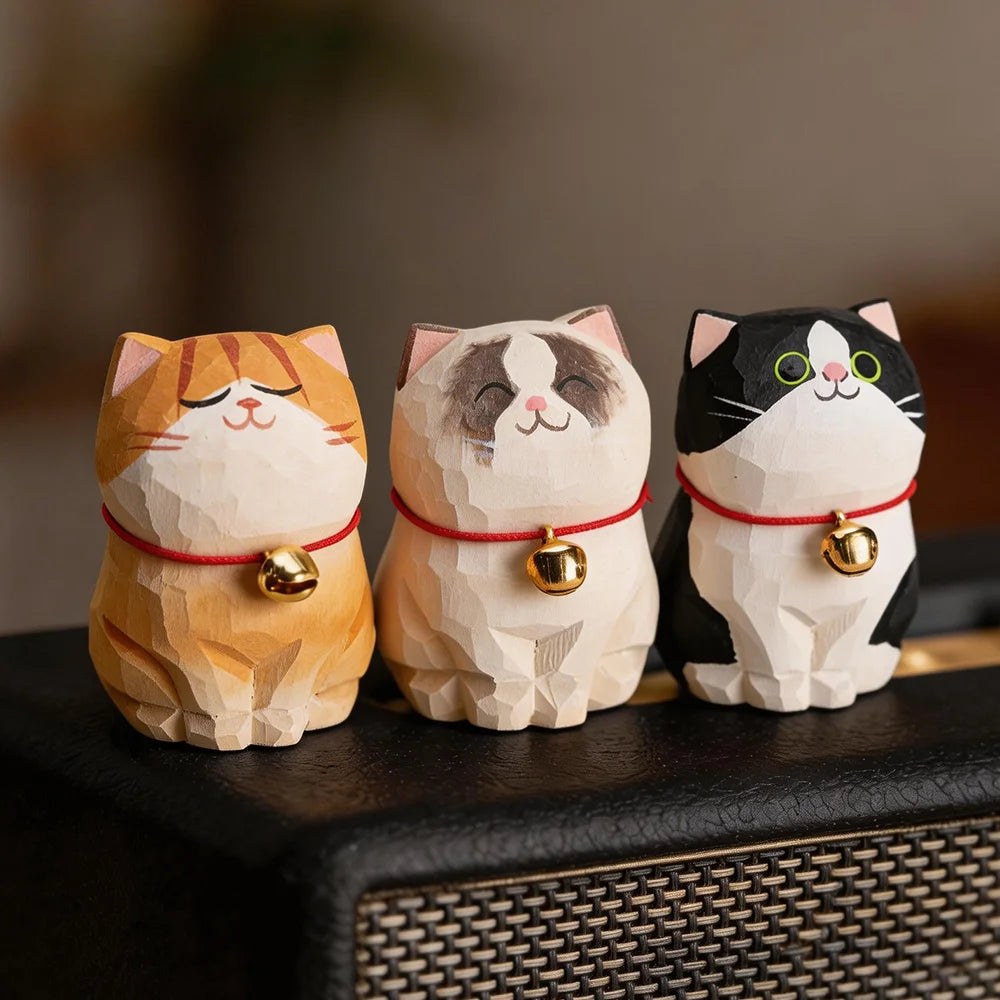 Cute Cat Animals Figurine Decorative Wooden  Ornament Kitten Statue Calico Golden gradient cat Home Office Desk Car Decor Gift