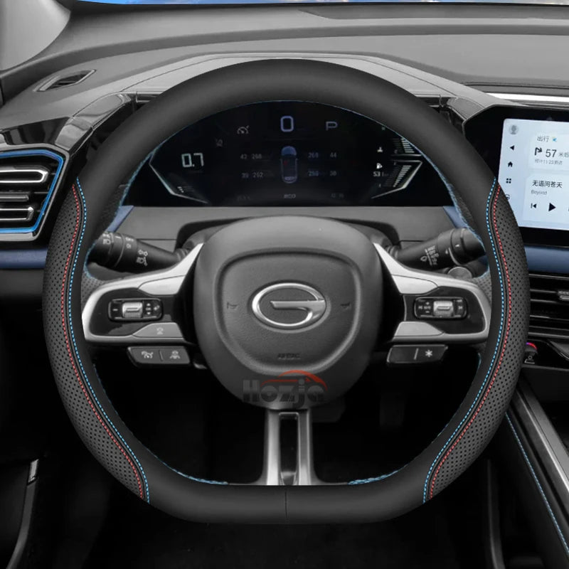 D-Type Leather Steering Wheel Cover for GAC GS3/Emzoom/Empow/Emkoo/S7, Black Line