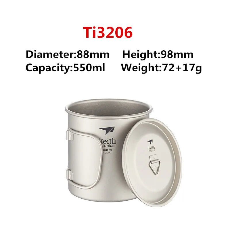 Keith Titanium Cup Titanium Water Mugs Folding Handle Single Wall Cup Outdoor Camping Travel Hiking Cups With Lid 220ml-900ml