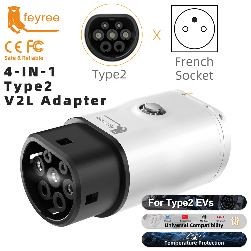Feyree Type 2 V2L discharger adapter EV vehicle-to-load power converter, 10A/15A socket options