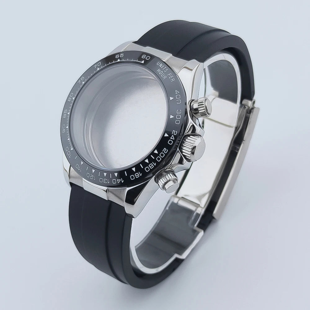 NEITON 39mm Sapphire Glass Quart Stainless Steel Case Rubber Strap Fit VK63 Quart Movement