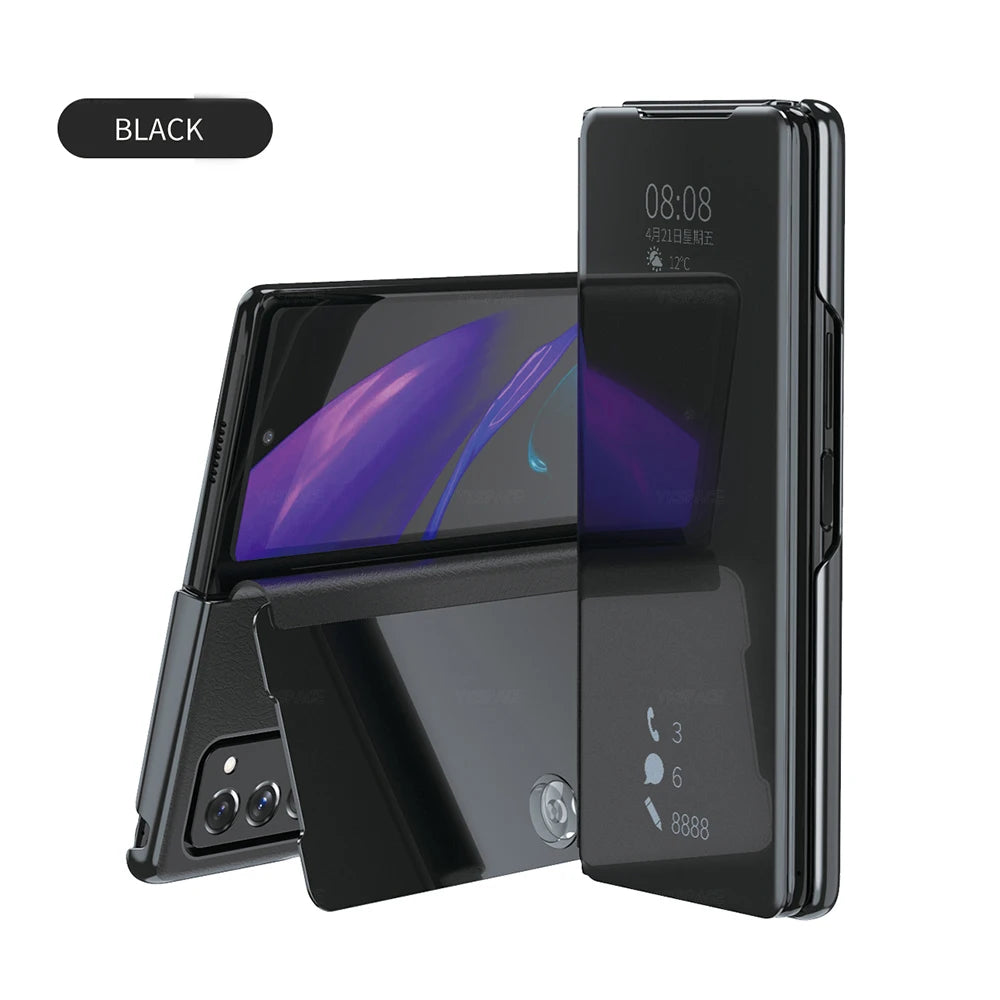 6 Colors Mirror Clear View Stand Flip Case For Samsung Galaxy Z Fold 2 3 4 5 6 7 Full Cover Folding Plathing Phone Cover