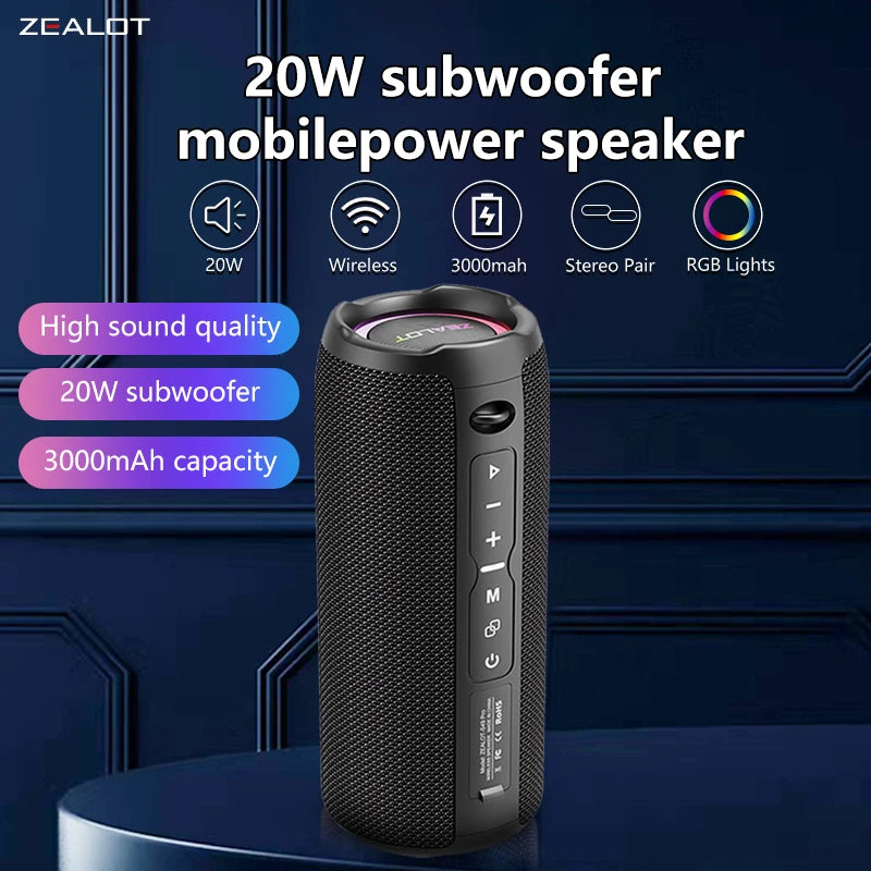 Zealot S49 Pro 20W Wireless Speaker,RGB Light Wireless Hifi Sound quality, Bass Boost，Dual Pairing,3000mAh Battery.