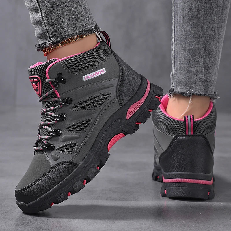 Women's Waterproof Hiking Shoes Non-Slip Trail Trekking Ankle Boots Black/Rose Red 35-42