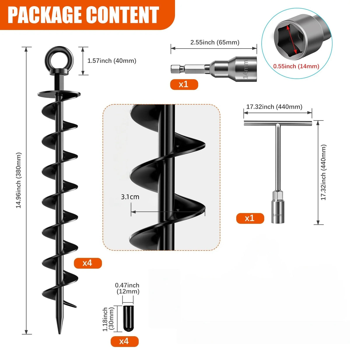 4 Pack Heavy Duty Spiral Ground Anchors with Nut and Tool, Black - Trampoline Tent Swing Set