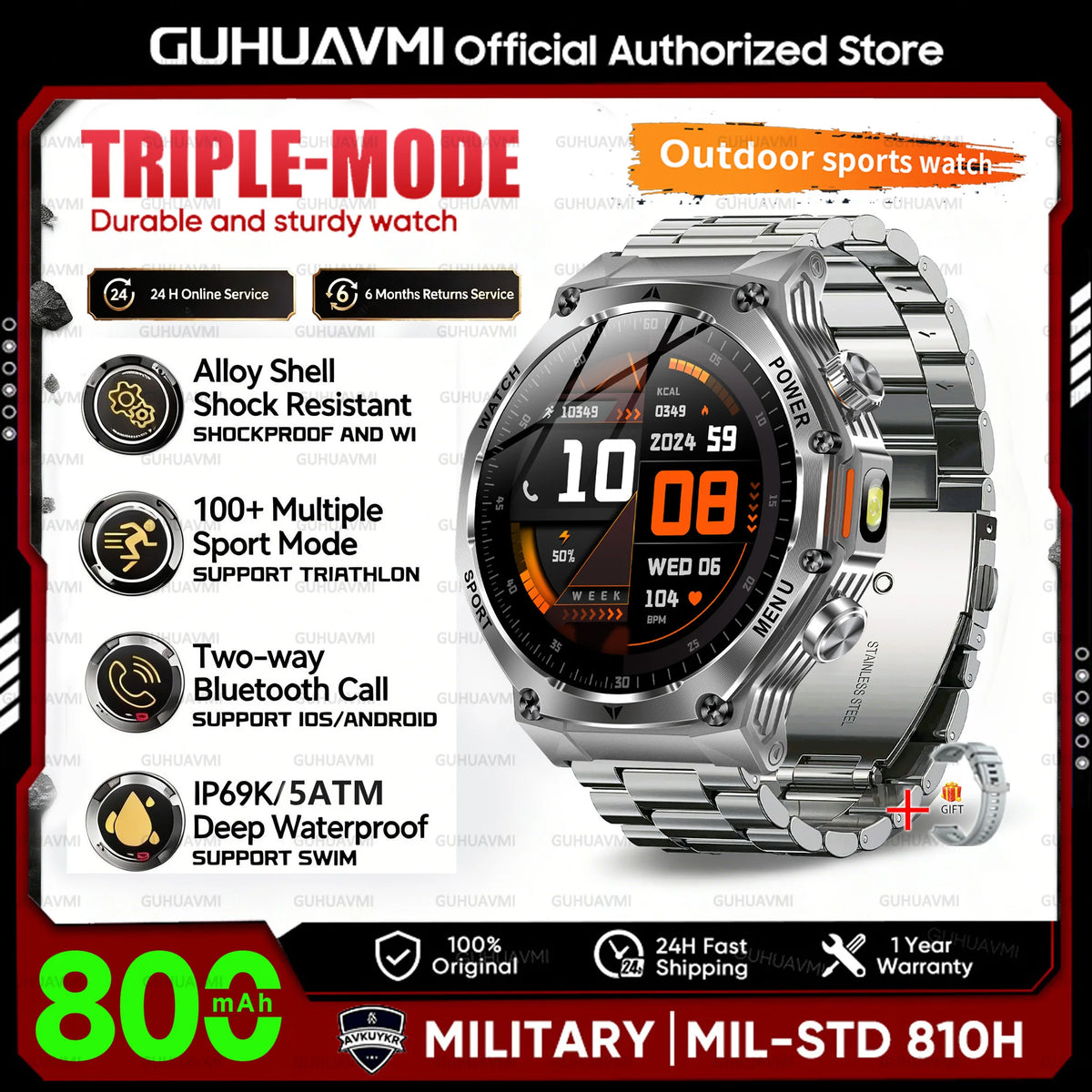 2026 New 800mAh Big Battery Smart Watch Men Outdoor GPS Flashlight 5ATM Waterproof Bluetooth Call AMOLED HD Sports Smartwatches