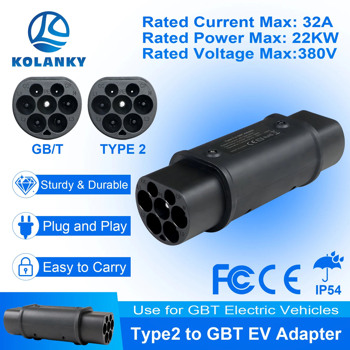 Kolanky 32A 7.2KW EV Charger Adapter Type 2 To Gbt Conventer For China GBT Electric Vehicle Cars Adaptor