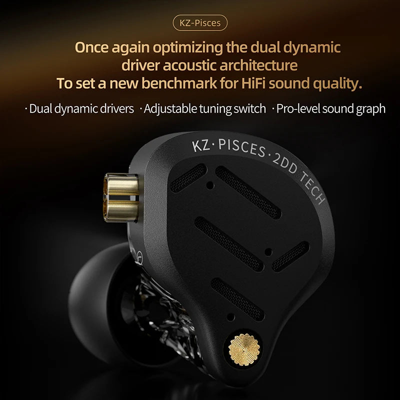 KZ Pisces Dual Dynamic Driver In-Ear Earphones with Tuning Switch, 3.5mm/USB-C, Mic Options