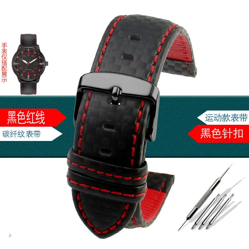 Carbon Fiber Pattern Leather Watch Strap 18mm 20mm 21mm 22mm 23mm 24mm Black Red Orange Stitching Watchband Bracelet Wristband