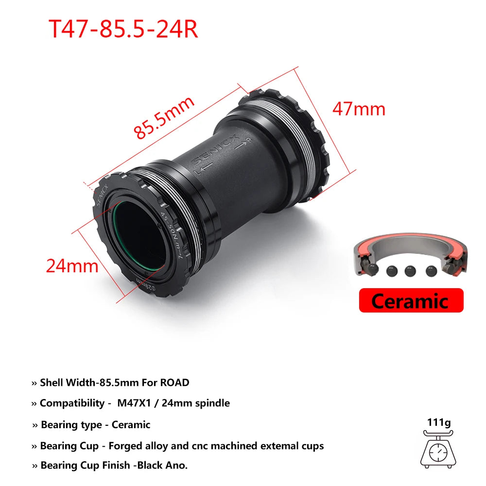 T47 Threaded Bottom Bracket for Road Bikes Ceramic/Steel Bearings Smooth Pedaling 68/77/85.5mm Axle Compatibility 24mm & DUB