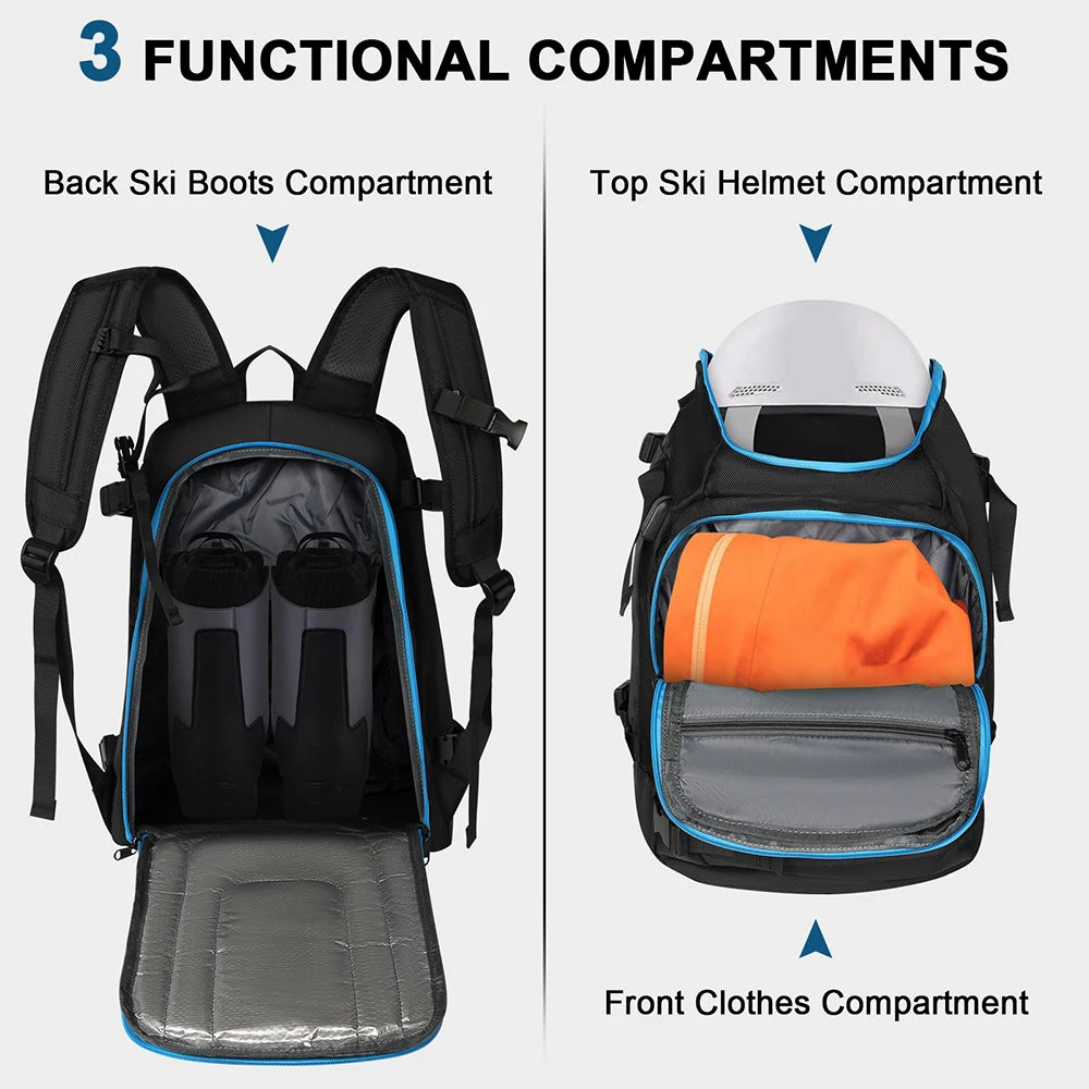 Travel Ski Boot Bag Backpack 50L Large Capacity Waterproof for Snowboard Boots Helmet Goggles Hang Skis Dry Wet Separation