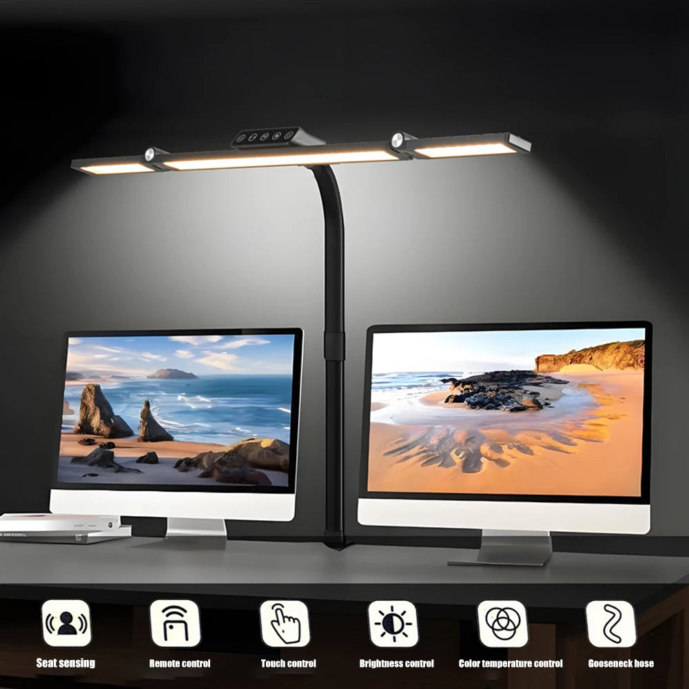 Home Office LED Desk Lamp Double Head Stepless Dimming Eye-Caring Reading Lights 3 Color Mode Flexible Adjustable PC Table Lamps