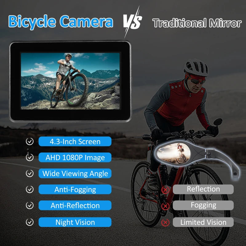 Handlebar Bike Mirror 1080P Bicycle Rear View Camera w/ 4.3'' Monitor 8-LED Night Vision 150° Wide Angle View Rotatable Bracket