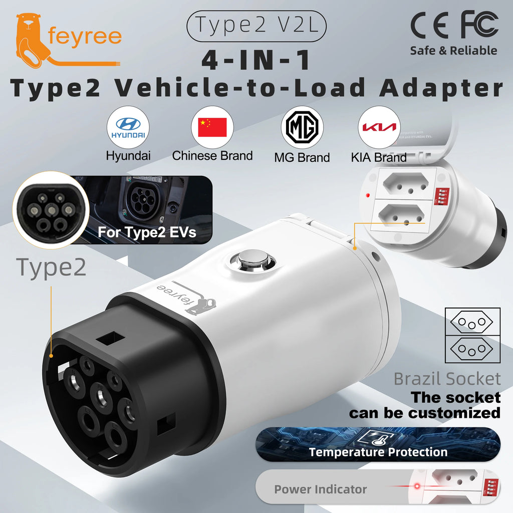 Feyree Type 2 V2L discharger adapter EV vehicle-to-load power converter, 10A/15A socket options