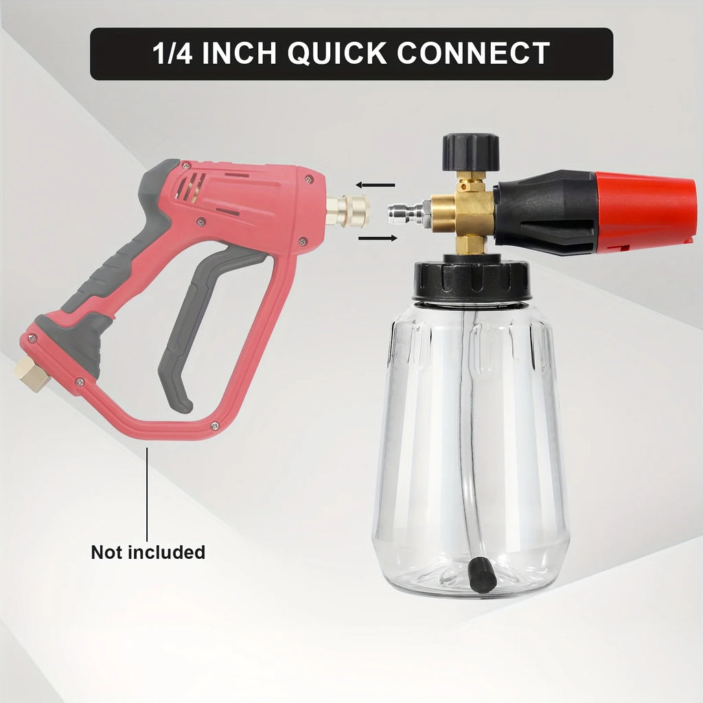 Heavy Duty Adjustable Foam Cannon 1L Wide Mouth Bottle Thick Foam Spray 1/4" Quick Connect  High Pressure Washer Tool