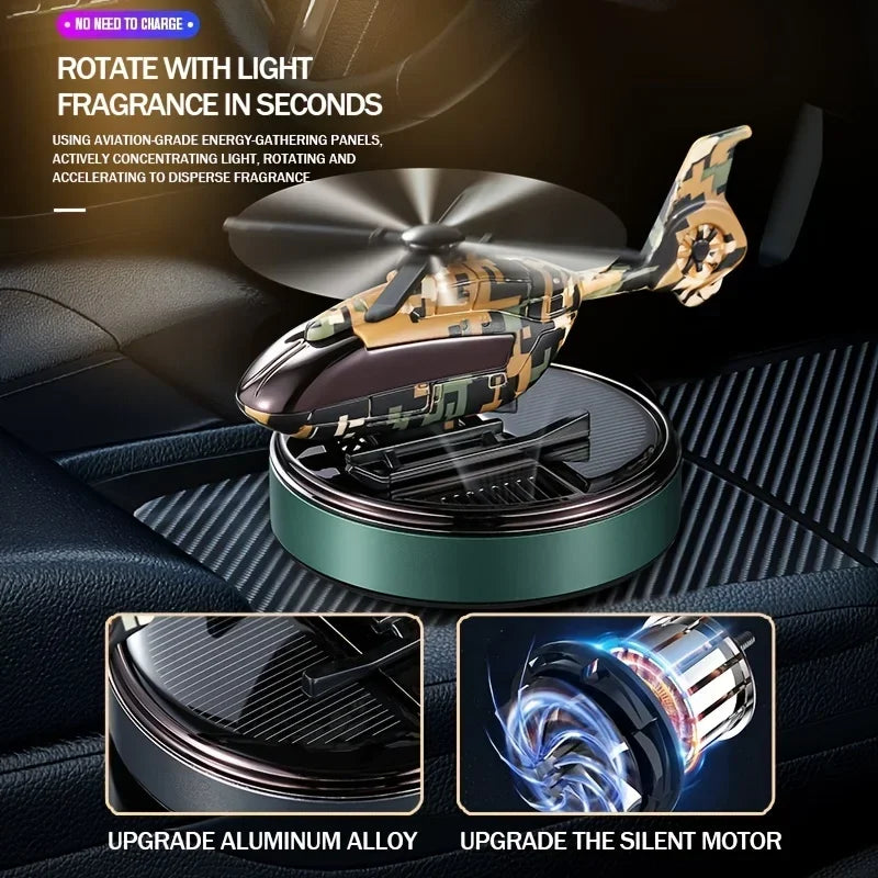 Car Solar Air Freshener Automatic Rotation Essential Oil Diffuser Dashboard Camouflage Helicopter Ornaments Remove Odor