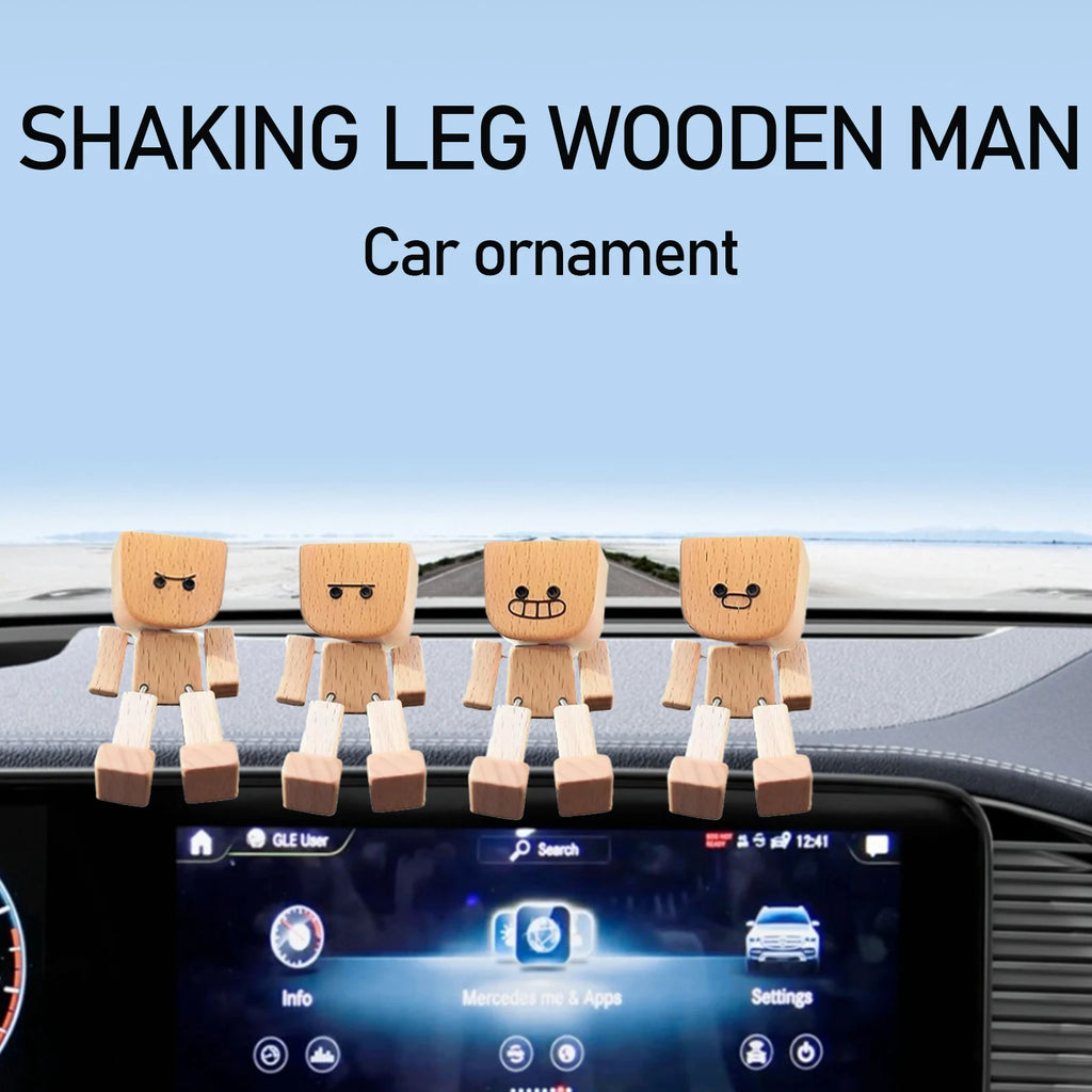 Cute Car Shaking Wooden Man Figurine Interior Wood Ornaments with 12 Magnetic Expressions Handmade Wooden Wiggle Ornament Gift