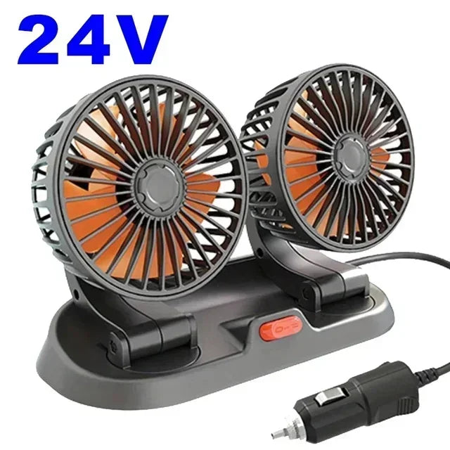 Adjustable car cooling fan 360° dual head, 2-speed, 5V USB/12V/24V cigarette plug