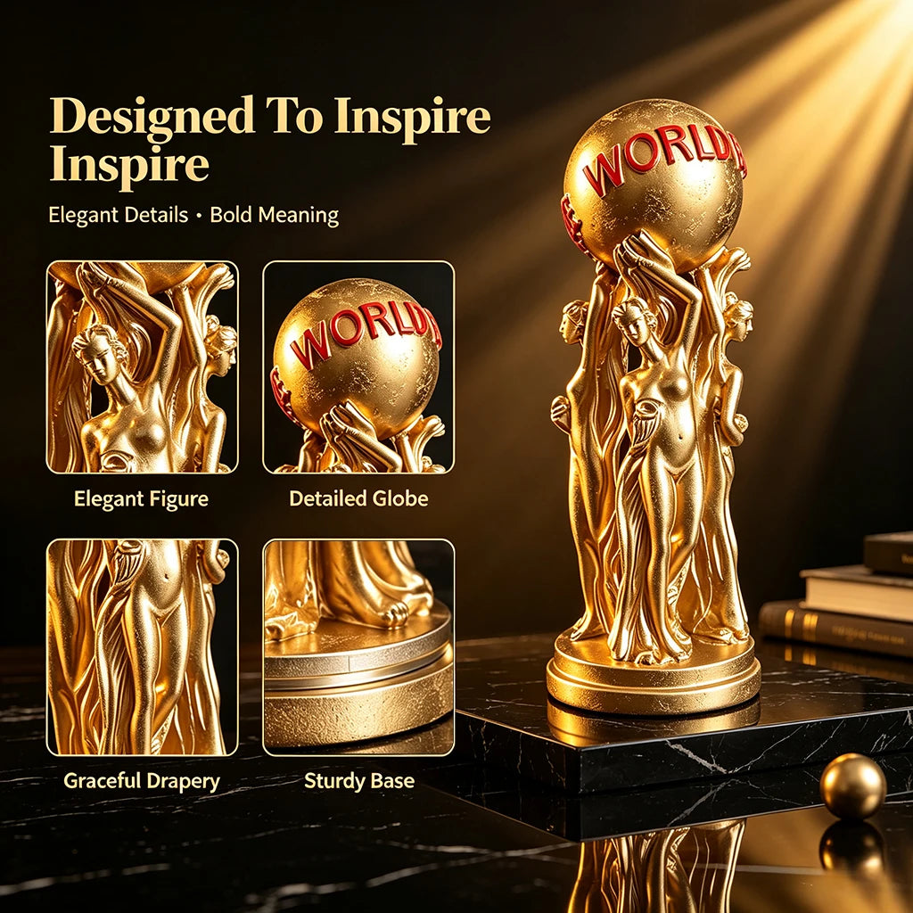 1 Piece of Light Luxury Art Ornament Featuring Three People Holding a Ball, with a Golden Texture and Engraved Text: the World Is Yours, a Great Item for Creating an Inspirational Atmosphere on the Living Room Table