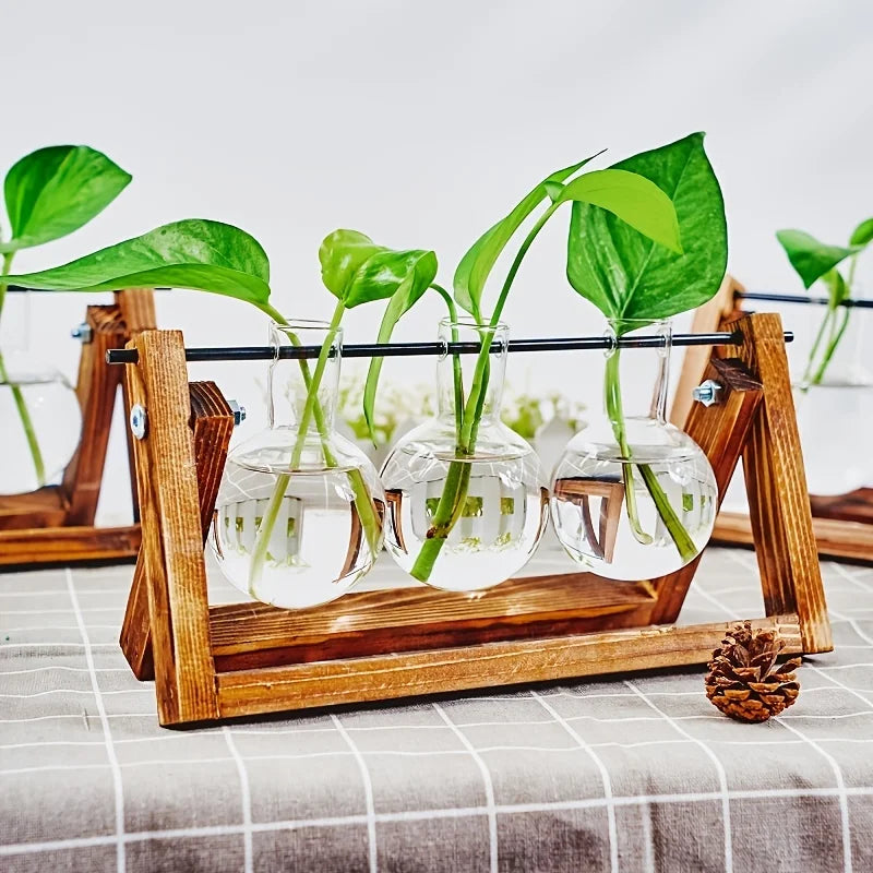 1pc, Tabletop Glass Planter Propagation Station Hydroponic Plant Vases In Wooden Rack Terrarium For Plants, Clear Flower Pot For