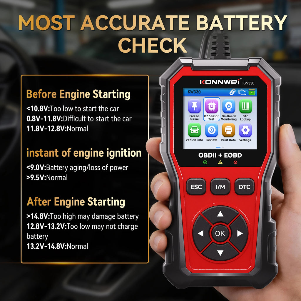 2026 KONNWEI KW330 Car OBD2 Diagnostic Tool Professional Engine Battery Testing Fault Code Erase Real-Time Data Scanner Function