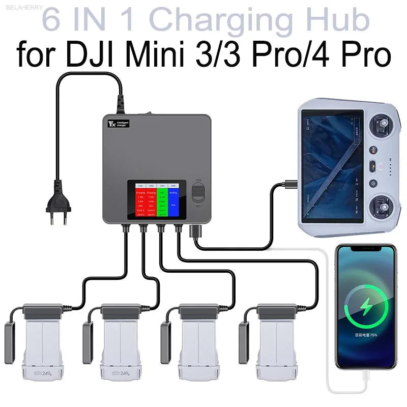6 in 1 Digital display Battery Charger for DJI Mini 3 Pro/4/5 Pro Drone Battery Charging Hub Fast Smart Battery Charger with USB