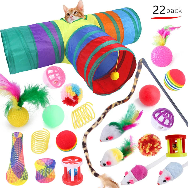 Cat Toy Variety Pack Set with Wand, Sisal Mouse, Bell Balls - 15pcs/20pcs/22pcs