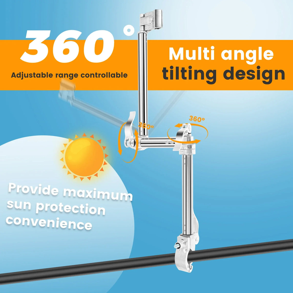 Stroller Umbrella Mount Holder Stainless Steel Adjustable Golf Umbrella Clamp 2/3Fold 360° Rotation Bicycle Sunshade Fixing Clip