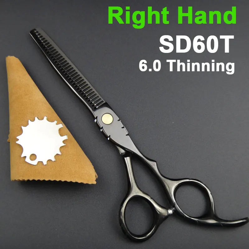 Japan 440C Titanium Qlating Barber Professional Scissors for Hairdresser 5.5 / 6.0 Cutting Thinning Black Hair Scissor Shears
