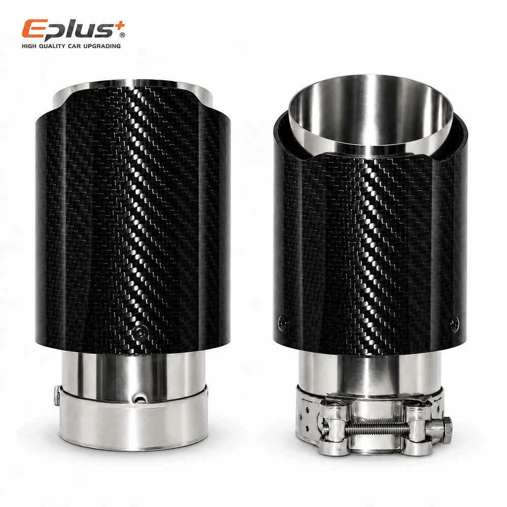 Universal Glossy Carbon Fiber Car Exhaust Muffler Tip Clamp‑On Straight Exhaust Pipe Mufflers Nozzle Straight Stainless Silver