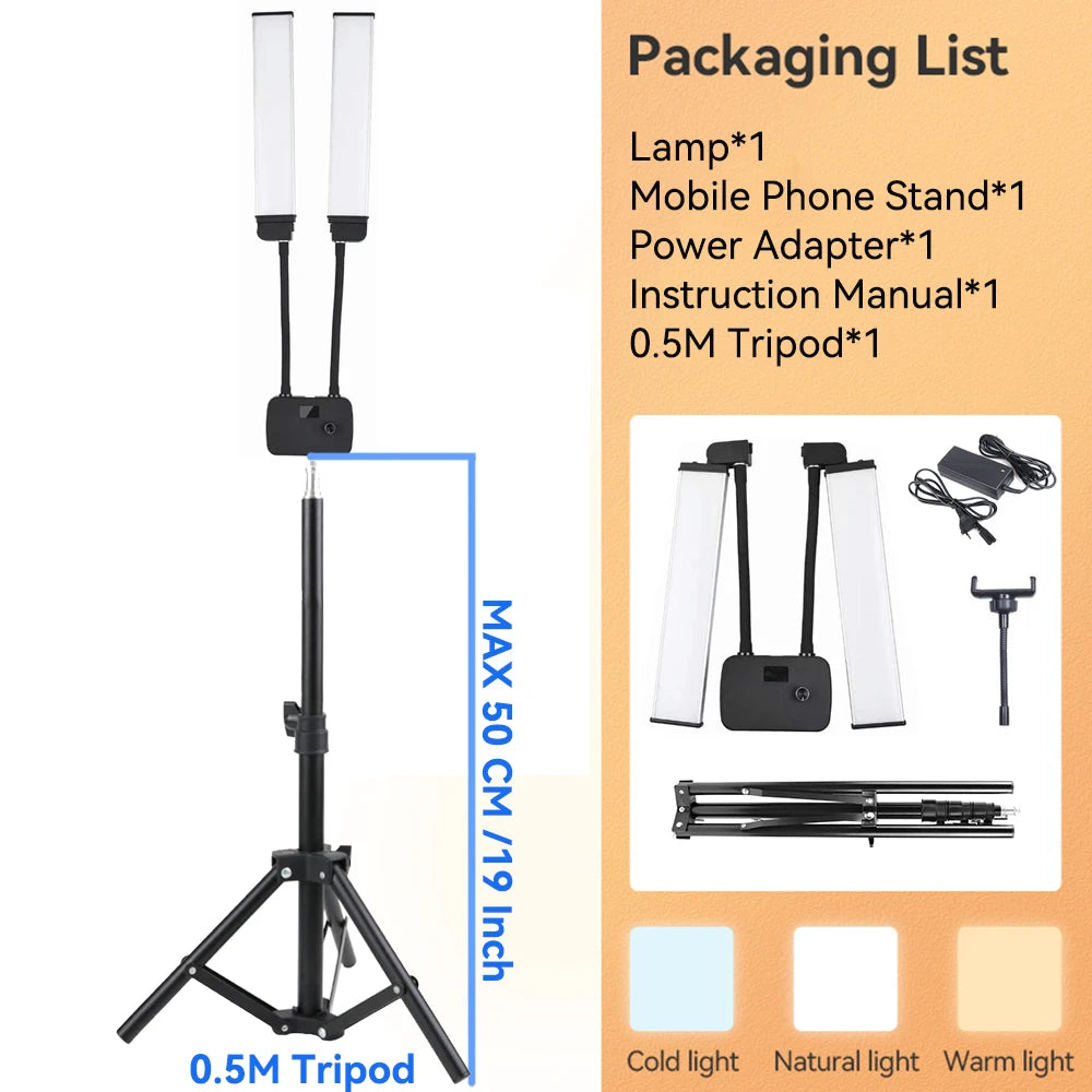 Double Arm LED Fill Light with LCD, 3200-5600K Photo Studio Selfie Lamp, Tripod Options