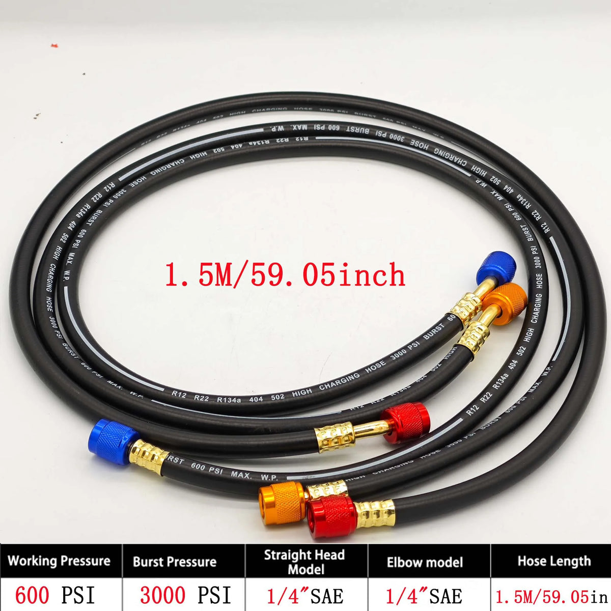 AC refrigerant charging hose kit with low loss fittings for R134A R12 R22, 0.9-1.8m