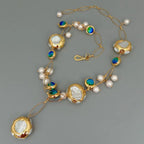 YYGEM hot sale ! Blue Murano Glass 10-11mm  Freshwater Cultured 27mm White Keshi Pearl Gold Filled Chain Necklace 21"