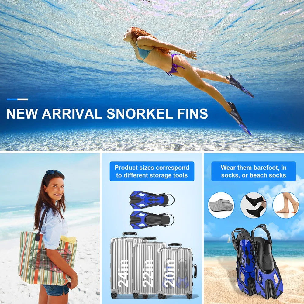 Snorkel Fins Swim Fins Adjustable Buckles Swimming Flippers Short Silicone Scuba Diving Shoes Open Heel Travel Size Beginners