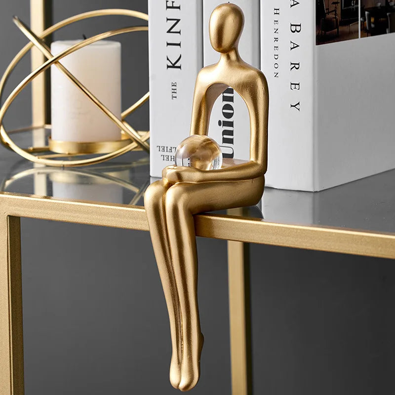 Gold Thinker Statue Bookshelf Sculpture Figurine, Holding Book Style, Modern Desk Decor