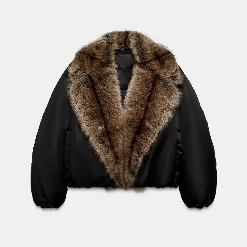 Street Faux Fur Patchwork Cropped Coats Women Loose Lapel Full Sleeve Pockets Warm Jackets 2025 Winter Lady Fashion Outwear
