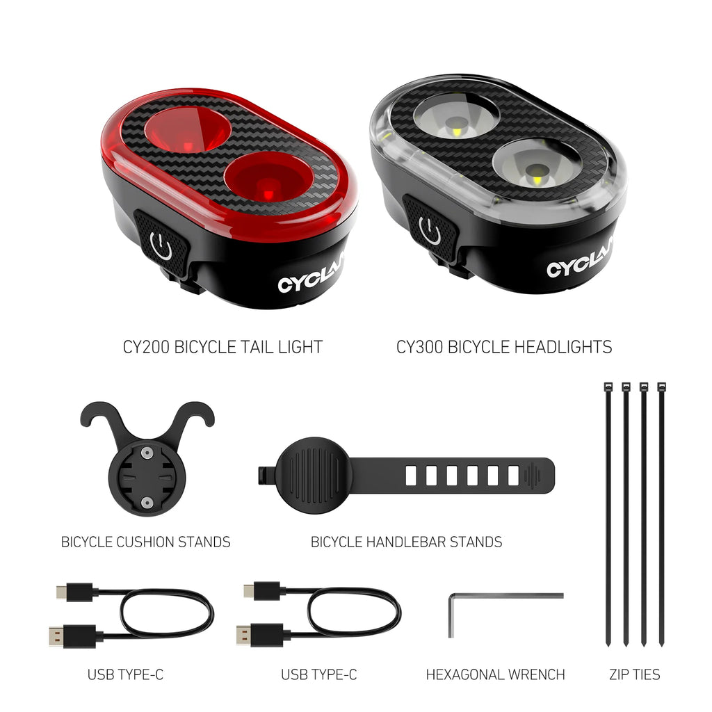 CYCLAMI CY300T Bicycle Smart Brake Sensing Front Rear Light Waterproof MTB Road Bike Lights Cycling Accessories