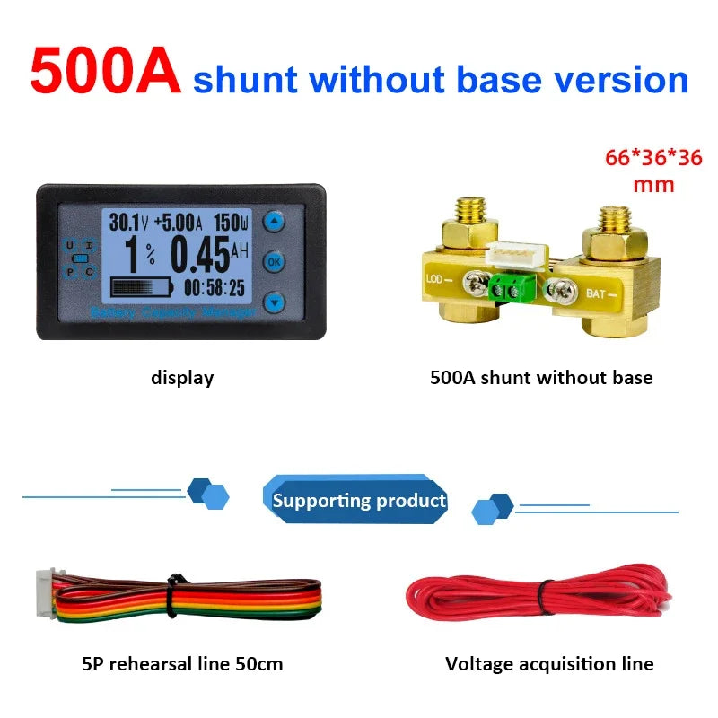 Wired Shunt Coulombmeter DC 8-120V 100/200/300/500A Energy Meter Battery Capacity Tester Low Voltage Alarm LCD Ammeter Voltmeter
