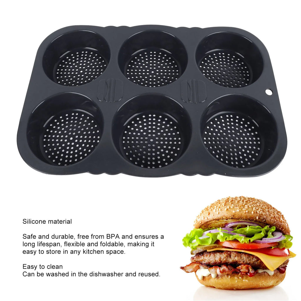 6-Cavity Hamburger Bun Mold Pan, Foldable Reusable Silicone Baking Mold, Black
