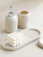 5Pcs athroom Accessories set  Lotion Dispenser Toothbrush Holder Tray Tumbler Cup Soap Dish Beige and Grey
