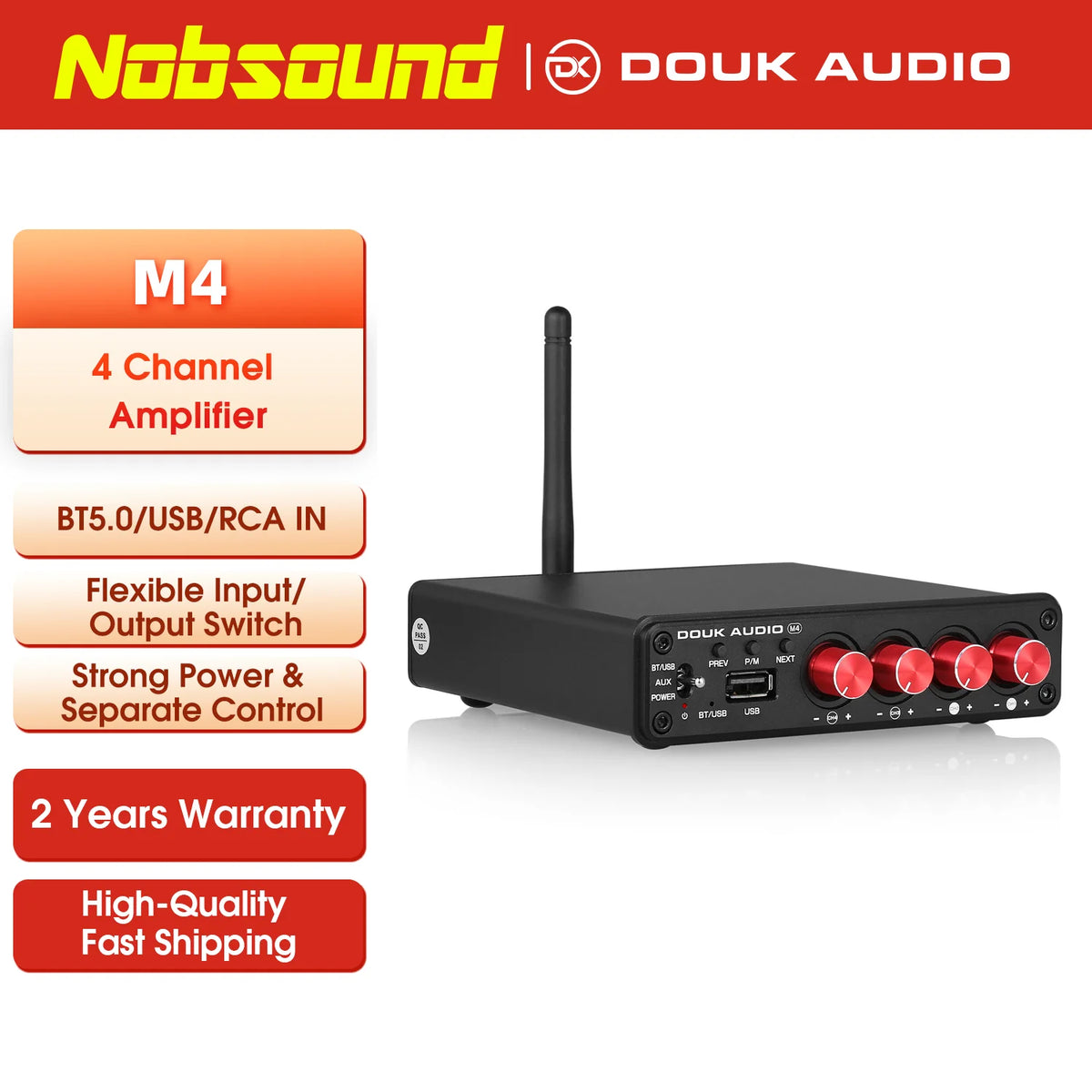 Nobsound HiFi Stereo Bluetooth 5.0 Digital Power Amplifier USB Music Player 2/4 Channel Home Multi Zone Audio Amp Receiver 50W*4