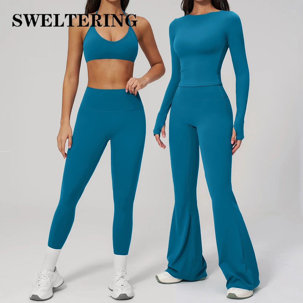 2PCS Women Tracksuits Yoga Suit Sport Outfits Gym Clothes Breathable Long Sleeve Flared Pants Athletic Wear Female Yoga Clothing