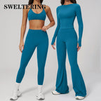 2PCS Women Tracksuits Yoga Suit Sport Outfits Gym Clothes Breathable Long Sleeve Flared Pants Athletic Wear Female Yoga Clothing