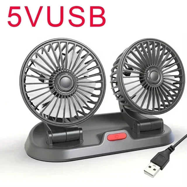 Adjustable car cooling fan 360° dual head, 2-speed, 5V USB/12V/24V cigarette plug