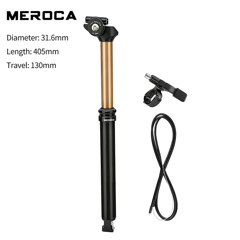 MEROCA Wire-Controlled Dropper Seatpost 405mm, 27.2/30.9/31.6mm, Black Gold Aluminum
