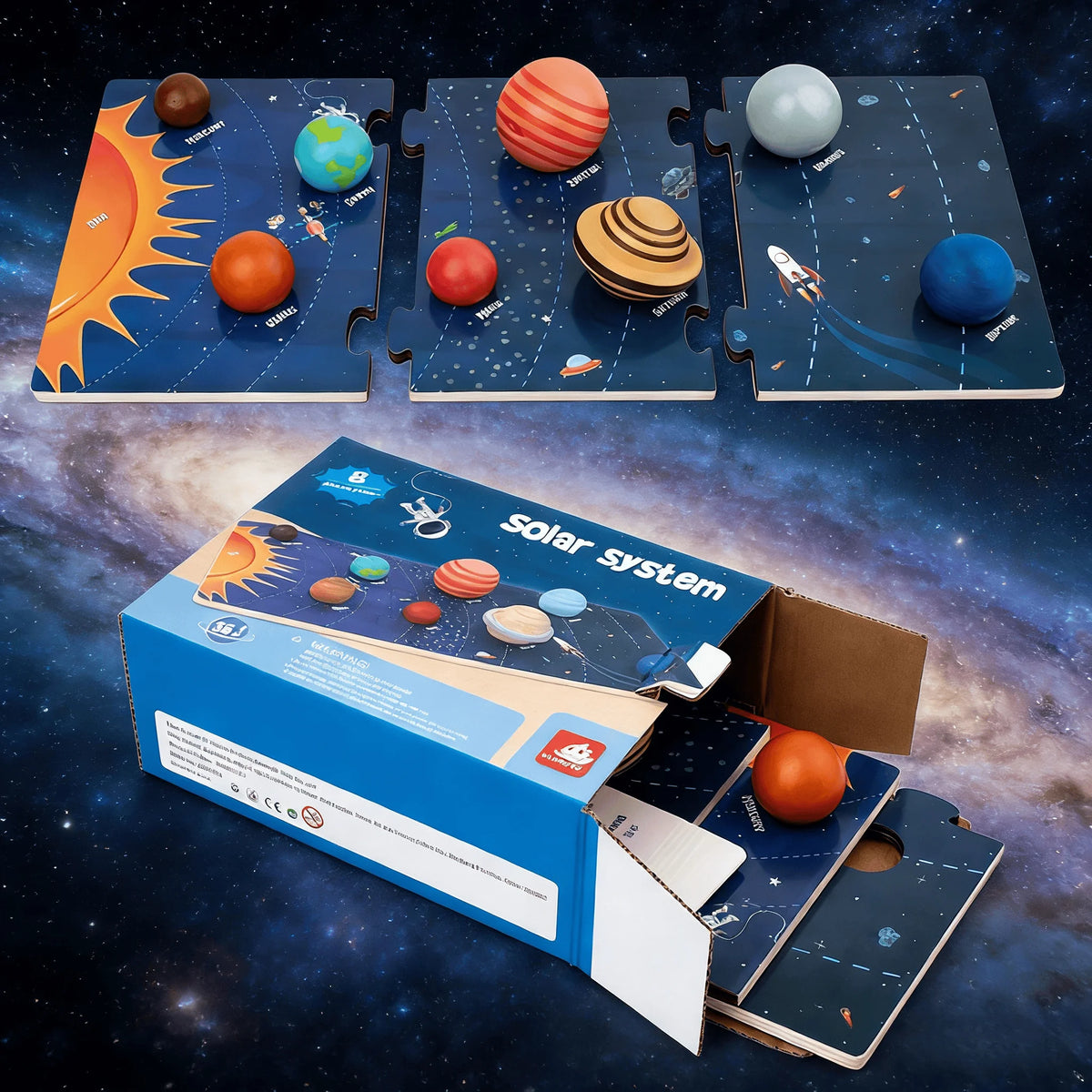 3D Planet Wooden Solar System Toy - 8 Planets with Balls & Cards - Montessori Astronomy for Kids 3+ - Safe Water-Based Paint