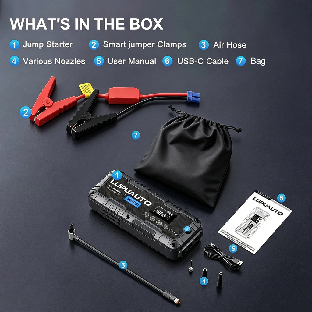 4 In 1 Car Jump Starter with LED Lighting 4000A Portable Car Battery Charger Power Bank Tire Inflator Pump 160PSI Air Compressor