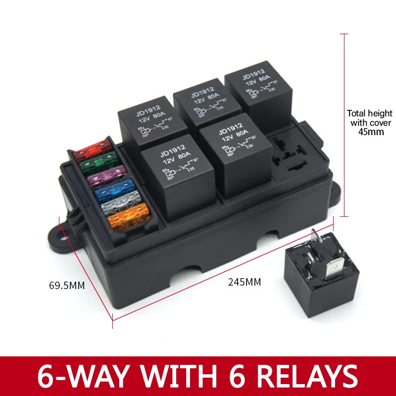 Earu automotive fuse box with relay block assembly, 3-15 way circuit protection (style options)